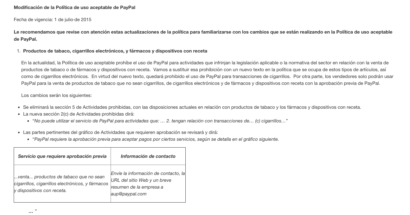 Paypal prohibe compra venta cigarrillos electronicos