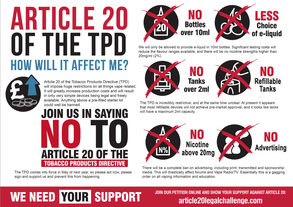 Articulo 20 tpd cigarrillos electronicos vapeo regulacion normativa ingles